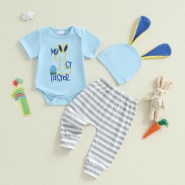 Loalirando My First Easter Baby Boy Outfit Egg Number Embroidery Short Sleeve Round Neck Romper with Stripe Pants and Bunny Ears Hat Newborn Summer Clothes (Blue, 3-6 Months)