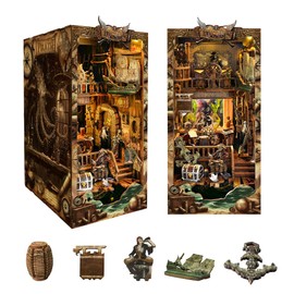 DIY Book Nook Kit - Pirate 3D Wooden Miniature Puzzles with LED Light Dollhouse Model Craft Kits for Adults Bookshelf Insert Decor Gifts for Adults - New World Ship (SQ-36)