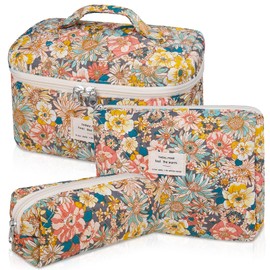 Gosect Makeup Bag Set, Quilted Makeup Bag, Large Floral Cosmetic Bag for Women, Cute Cotton Makeup Bags, Flower Travel Toiletry Organizer Bag (South Twigs Flower)