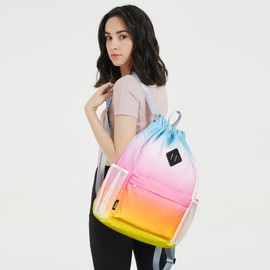 WANDF Drawstring Backpack Sports Gym Bag with Shoes Compartment, Water-Resistant String Backpack Cinch Bag for Women Men (Rainbow)