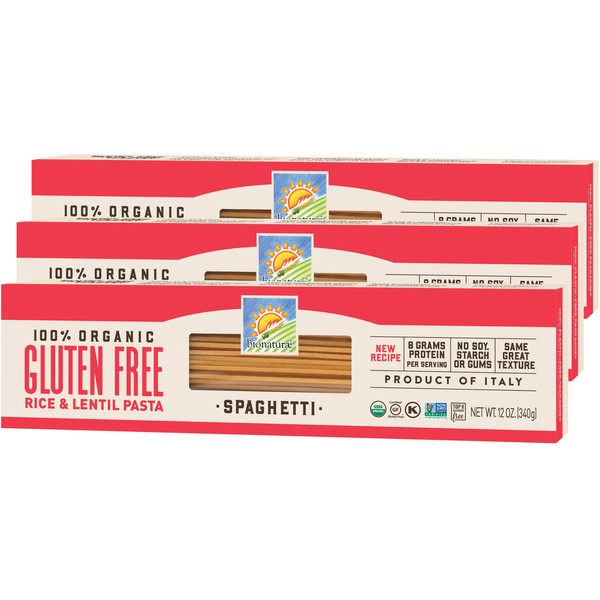 Bionaturae Spaghetti Gluten-Free Pasta | Rice and Lentil Spaghetti Pasta | Non-GMO | Lower Carb | Kosher | USDA Certified Organic | Made in Italy | 12 oz (3 pack)