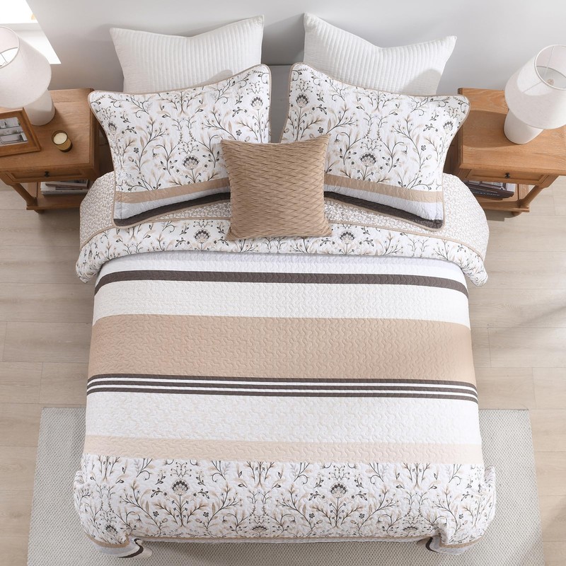 100% Cotton Quilt Set King Size - Reversible Botanical Quilted