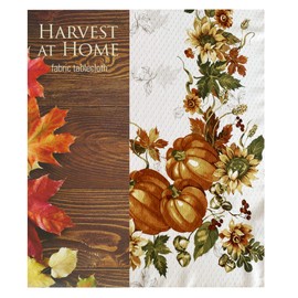 Lintex Stockbridge Pumpkin Harvest Bordered Thanksgiving Tablecloth, Autumn Fall Leaf, Sunflower and Acorn Border Print Easy Care Fabric Tablecloth, 70 Inch Round