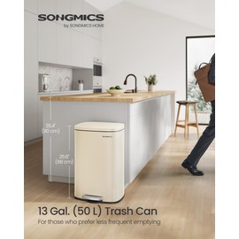 SONGMICS 13 Gallon (50 L) Trash Can, Stainless Steel Kitchen Garbage Can, Recycling or Waste Bin, Soft Close, Step-On Pedal, Removable Inner Bucket, Sand Beige ULTB050A01