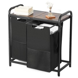 2 Section Freestanding Clothes Organizer Large Laundry Hamper with Metal Frame and Wooden Tabletop Sorter BasketsDefault: Default