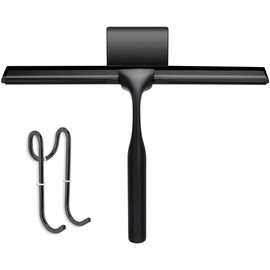 Windran 10-Inch Shower Squeegee for Glass Doors, Stainless Steel Shower Squeegee with Shower Door Hook & Adhesive Hook, Multi-Purpose Bathroom Squeegee for Glass, Door, Mirror and Window (Black)