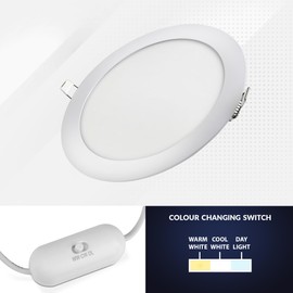 Bright Source LED Round Panel Downlight, 20w Slimline Recessed Ceiling Spotlight, 1600lm Lumen Output, 3CCT Adjustable Colour Temperature 3000K 4000K 6000K, IP20 Rated, 223mm Cut Out