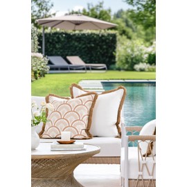 Hofdeco Premium Coastal Hampton Patio Indoor Outdoor Throw Pillow Cover Only, 22"x22" Water Repellent for Backyard, Couch, Poolside, White Neutral Tan Solid