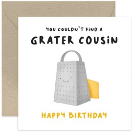 Old English Co. Funny Happy Birthday Card for Cousin - 'Grater Cousin' Cheese Pun - Cute Birthday Greeting Card For Him Her from Cousin - Humorus Birthday Card for Family | Blank Inside with Envelope