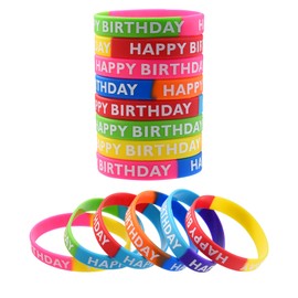 Piatoeke 56PCS 8 Style Silicone Stretch Happy Birthday Bracelets Bulk, Party Wristbands for Kids Men Women Party Surprise Gift (56, Small size)