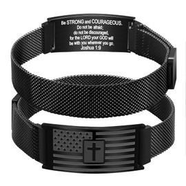 Alissl Adjustable Cross Stainless Steel Bracelet for Men - Religious Bible Verse Engraved American Flag Design Christian Gift (Joshua 1:9C Black), One size fits all, Joshua 1:9C, no gemstone