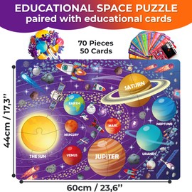 QUOKKA Solar System Puzzles for Kids Ages 4-6 - 70 Pcs Fun Kids Puzzles Ages 5-8 Preschool Floor Activities - Includes 50 Cards with 400+ Space Facts- Planet-Shaped Jigsaw Puzzle Gift for Girls Boys