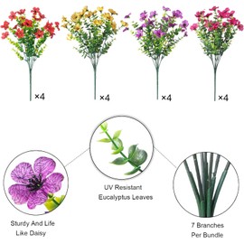 Flores de plástico para exteriores, 16 paquetes de flores artificiales falsas para exteriores, resistentes a los rayos UV, plantas artificiales, plantas de plástico para exteriores, flores