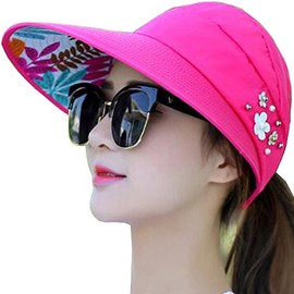 YEKEYI Sun Hats Women Summer Hat Outdoor UV Protection Wide Large Brim Cap Beach Visor Caps Foldable (Nave) (Rose Red)