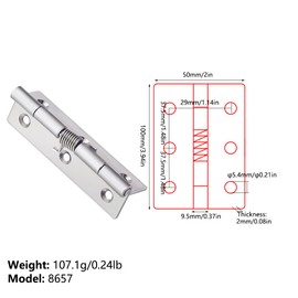 Spring Hinge Self-Opening Pack of 2 Stainless Steel Door Hinges, Automatic Closing Hinges for Invisible Doors, Closure of Spring Hinges (100 x 50 x 2 mm)