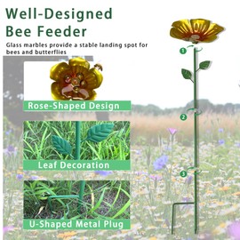Bee Watering Station,4 Packs Bee Bath for Garden with 20 Marbles,Butterfly Watering Station,Rose-Shaped Bee Cups for Outdoor decor,Decorative Water Feeder to Attract Pollinators(Red,Green,Blue,Yellow)