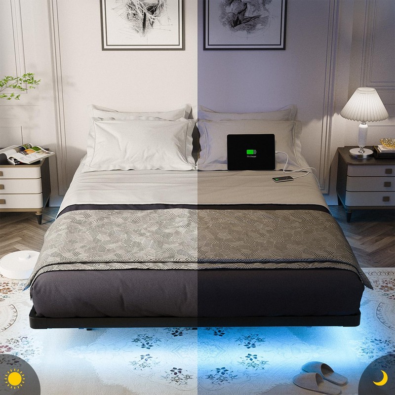 OLEVS Floating Bed Frame Queen Size with Smart LED Lights