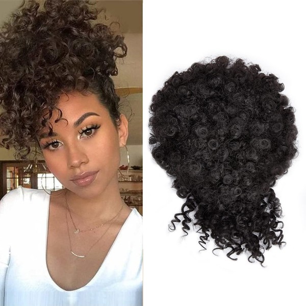 NICENEEDED Afro Puff Drawstring Ponytail with Fringe, Black Pineapple Updo for Black Women, Kinky Curly Ponytail Clip In Bangs, Short Hair Extension