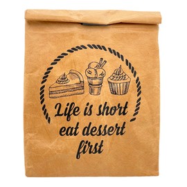 MIK funshopping Lunch Bag Brown Lunch Bag Insulated Cold or Warm Cooler Bag with Velcro Thermal Bag (Eat Dessert First)