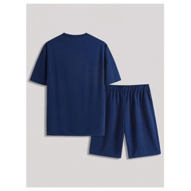 GORGLITTER Men's 2 Piece Outfits Colorblock Crewneck Short Sleeve Tee Elastic Waist Shorts Set Tracksuits Dark Blue Large