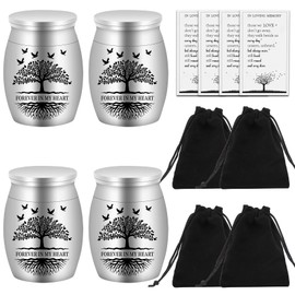 AIOMOB 4 Set Small Urns for Ashes Cremation Urns 1.57 Inch Silver Ashes Keepsake Funeral Urn with Memorial Cards and Velvet Bag for Human Pet Ash (Tree of Life)