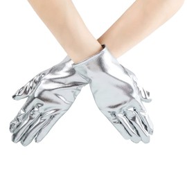 JIHUOO Patent Leather Short Gloves Wrist Cuff Dress Gloves Wet Look Gloves Fashion Finger Gloves Evening Opera Costume Party Gloves for Women Silver