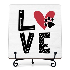 ONDTOM Valentine’s Day Decor - 5x5 Inch Wooden Plaque with Iron Stand, Pet Valentine’s Day Tabletop Decor, Office Decorations & Thoughtful Gift for Dog Lovers F08