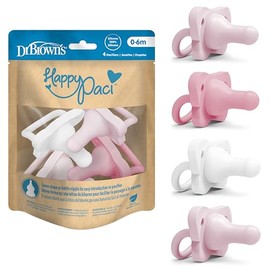 Dr. Brown's HappyPaci - Chupete de bebé 100% silicona, diseño contorneado de una pieza, rosa claro, blanco, 0-6 m, sin BPA, paquete de 4
