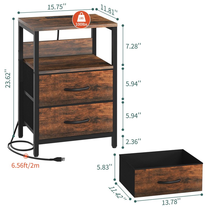 Yoobure Nightstand with Charging Station, Small Night Stand with Fabric