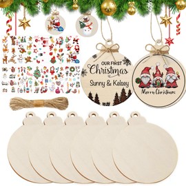 Wooden Ornaments for Crafts, 100Pcs Wood Slices & 10 Stickers, Unfinished Circles Slices DIY Christmas Tree Ornaments Predrilled Discs for Holiday Xmas Hanging Painting Decorations(2.4 Inch)