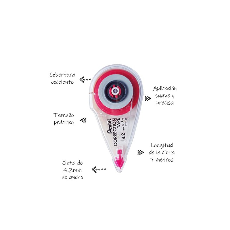 Pentel Cinta Correctora, Compacta, 7 m x 4.2 mm, Blanca,