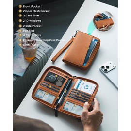 VULKIT Porta Pasaporte de Cuero con Bloqueo RFID y Correa para Muñeca, 8 Ranuras para Tarjetas (Incluye 2 Ventanas para ID), Ranuras 2 Internas + 2 Externas para Pasaportes, Cierre Zipper, Marrón