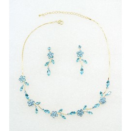 Faship Gorgeous Aqua Rhinestone Crystal Floral Necklace Earrings Set - Aqua/Gold Plated