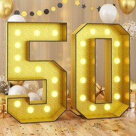 Light Up Numbers 50, 4FT Lighted Numbers 50 Marquee Glitter Gold Large Mosaic Number for 50th Birthday, Giant Marquee Sign Frame Pre-Cut Foam Board Kit for Graduation Anniversary Party