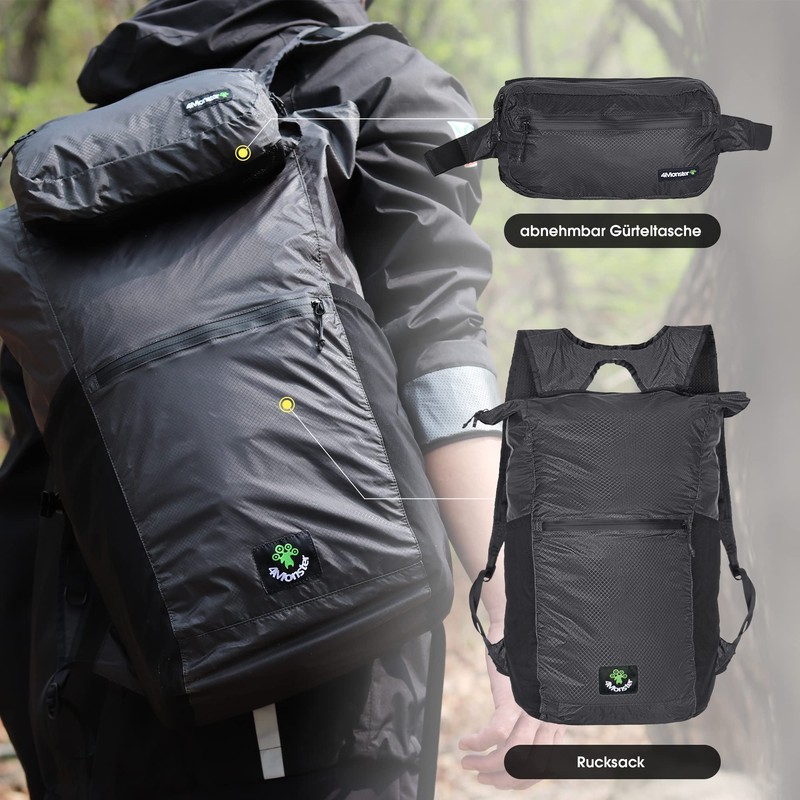 4Monster Foldable Backpack, Ultra Light, Unisex Daypack, Outdoor, 2-in-1 Belt