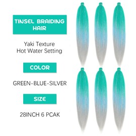 AGO Braiding Hair Pre Stretched Mix Tinsel 28 Inch Ombre Glitter Braiding Hair Sparkle Braids Crochet Hair Extensions Yaki Straight Synthetic Hair for Festival Party(Pack of 6, Green/Blue/Silver)