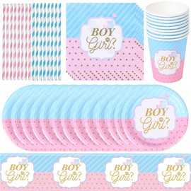 SWZY Gender Reveal Party Tableware Set, Baby Gender Reveal Party Supplies, Plate, Napkin, Cup, Straws, Tablecloth, Baby Gender Reveal Party Supplies Decoration for 16 Guests