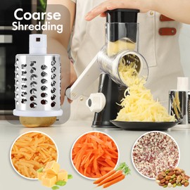 Ancevsk Cheese Grater Hand Crank, Rotary Vegetable Shredder with Handle and Strong Suction base, 3 in 1 Kitchen Speed Spin Veggie Slicer Nut Grinder for Pizza Top, Hash brown, Salad and More (Black)