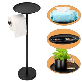 Noonext BlackToilet Paper Holder Stand with Shelf, Freestanding Toilet Paper Holder, Heavy Base No Tipping Over (Stainless Steel, Black)