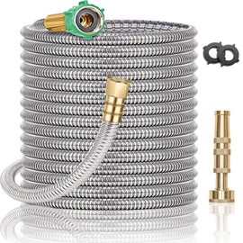 Metal Garden Hose 75FT, Stainless Steel Heavy Duty Water Hose with Brass Nozzle, Sturdy and Lightweight, No Kink & Tangle, Easy to Use & Store, Suitable for Yard and Lawn