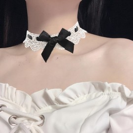 Kenjudess Vintage Bow-Knot Choker Necklace Cute White Hollow Lace Collar Necklace with Pink Bow Prom Party Ball Wedding Necklace for Women (Black-White)