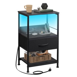 WLIVE Night Stand with Charging Station, LED Nightstand with Adjustable Fabric Drawer, 3-Tier Storage Bedside Table, Small End Side Tables for Bedroom, Black