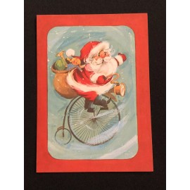 Vintage Christmas Card Cute Santa Claus Riding Unicycle with Toy Sack NOS w/ Env