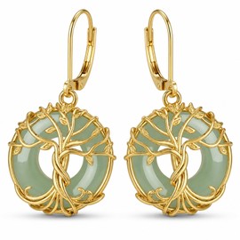 KiiKii 18K Gold Plated Tree of Life & Lotus Flower Drop Earrings for Women, Green Gemstone Donut Dangle Earrings, White Gold Plated Spiritual Zen Jewelry, Healing Stone Peace Buckle Earrings Gift for Her (Tree of Life 1.0-18K gold)