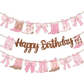 Cowgirl Boots Bow Birthday Banners Western Coquette Decorations 3PCS Boots and Bows Banner Glitter Brown Coquette Birthday Party Supplies for Baby Shower Decor