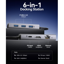 ORICO 6-in-1 USB C Docking Station with 4K HDMI, 1G Ethernet, 3 USB-A 3.0 Ports (5 Gbps), 100W PD Charging, Multiport Adapter for Windows, Mac