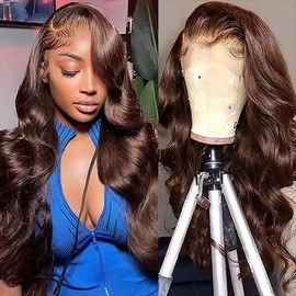 Jewhaut Chocolate Brown Lace Front Wig Human Hair 13x6 Body Wave Lace Front Wigs Human Hair Pre Plucked 200 Density Colored Frontal Brown Wig Human Hair 22 Inch