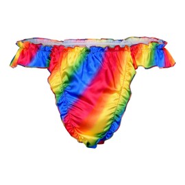 Satini Men's Satin Ruffle Low Rise Sissy Thong Tanga Knickers Briefs Panties (Rainbow, XXL)