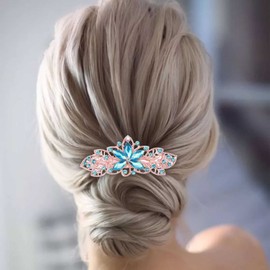 Andelaisi Vintage Rhinestone Hairclip Gold Cz Crystal Hair Barrettes Blue Crystal Flower Barrette Head Clips Sparkly Cz Wedding Hairclip Decorative Headwear Bridal Hair Accessories for Women Headdress