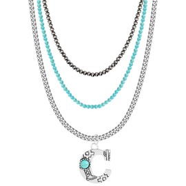 Western Style Navajo Pearl Turquoise Initial 3pcs Necklace for Women Faux Turquoise Initial A-Z Necklace Pendants Necklaces for Women Jewelry (C, Silver)